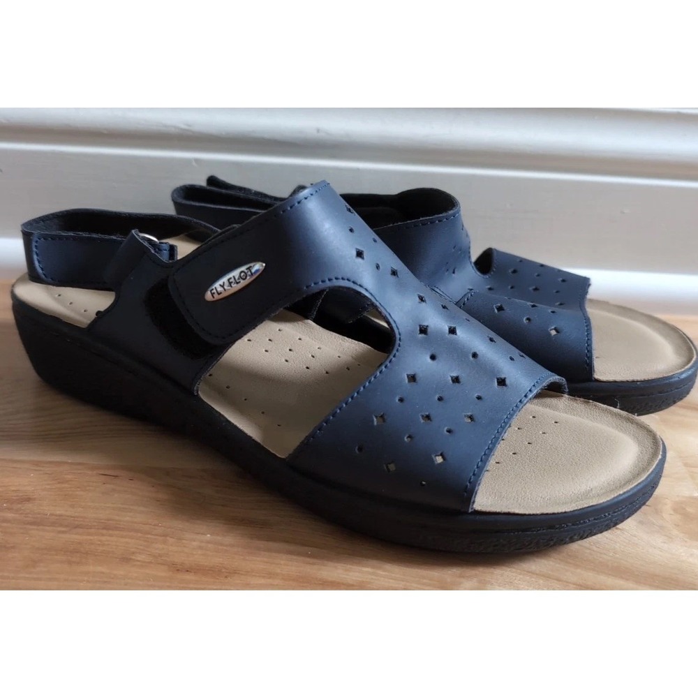 Fly Flot Sandals Womens 10 Navy Comfort Navy Blue Strappy Wedge Open Toes 41 eu